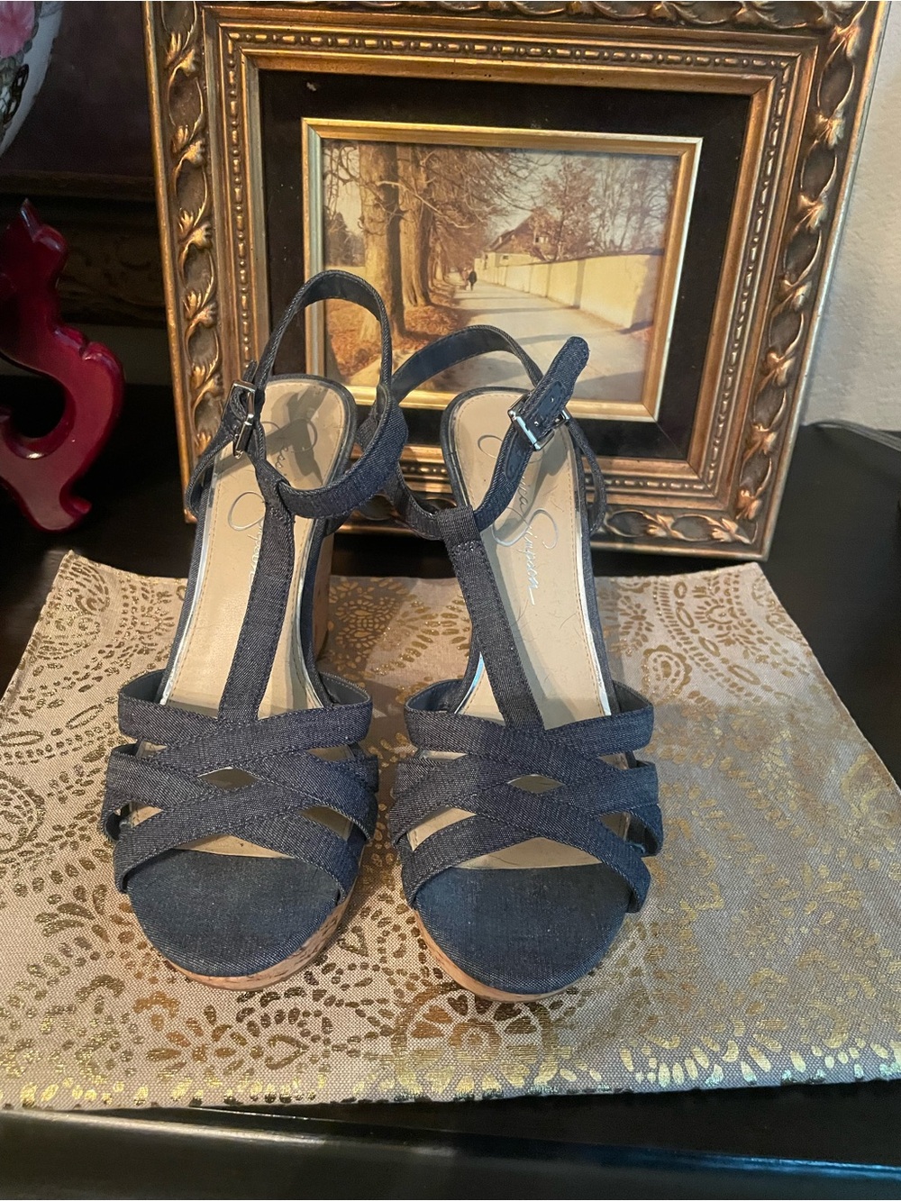 Jessica Simpson Navy Textile T‑Strap Block Heel Sandal